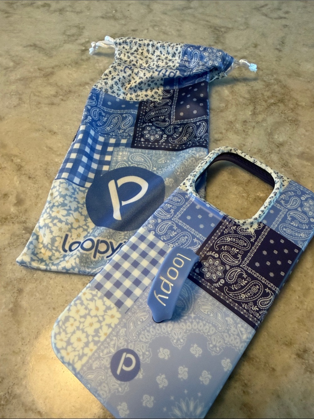 Loopy Case Bandana Blues Patchwork Phone Case with Matching Sleeve